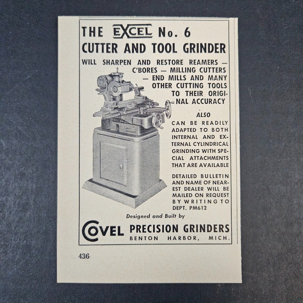 1952 Covel Precision Excel No 6 Cutter/Grinder Vintage Print Ad Benton Harbor MI